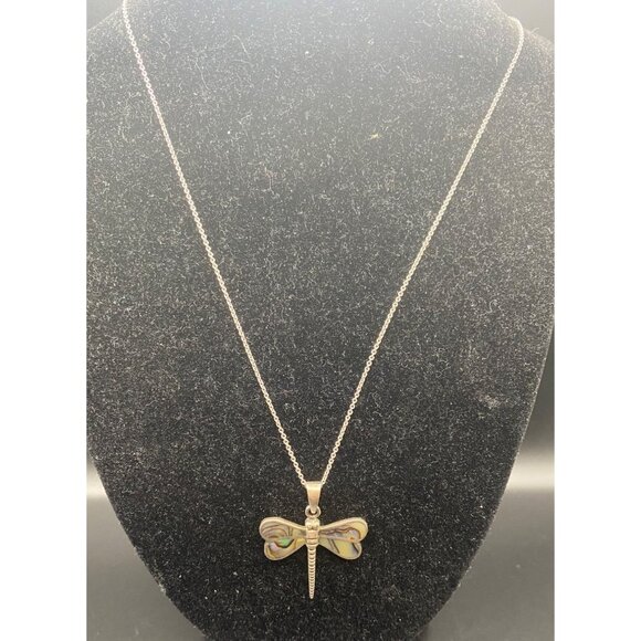 Sterling Silver 925 Dragonfly Pendant Necklace Abalone Shell 18" Chain 4.67g - Picture 3 of 12